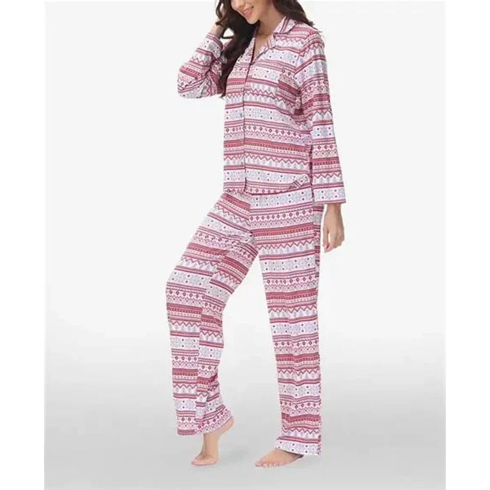 Beautyrest Women's Long Sleeve Notch-Collar Pajama Set, Multi, Size L 0103